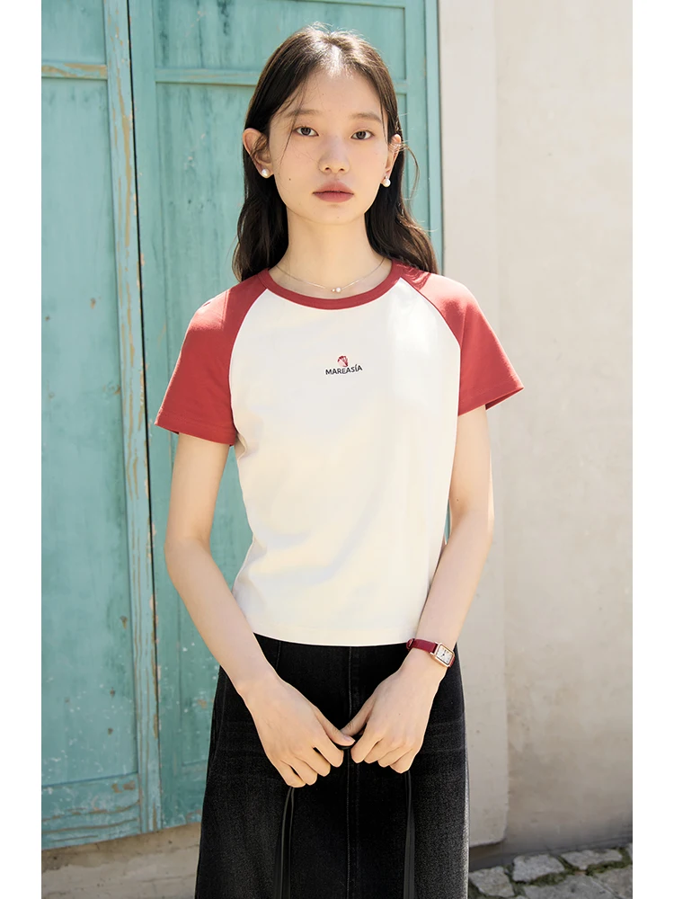 

ZIQIAO Raglan Sleeve Contrast Color Summer Short-Sleeved T-shirt For Women 2024 Summer Round Neck Versatile Casual Top 24ZQ92470