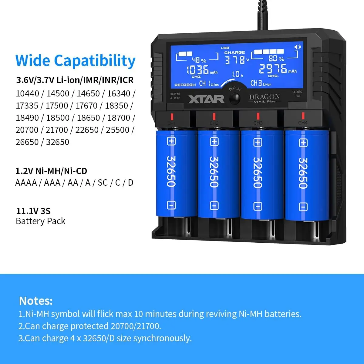 XTAR DRAGON VP4 PLUS 18650 Battery Charger Capacity Tester Checker Fast Charge Batteries Pack AAA AA C D Li-ion Battery Tester