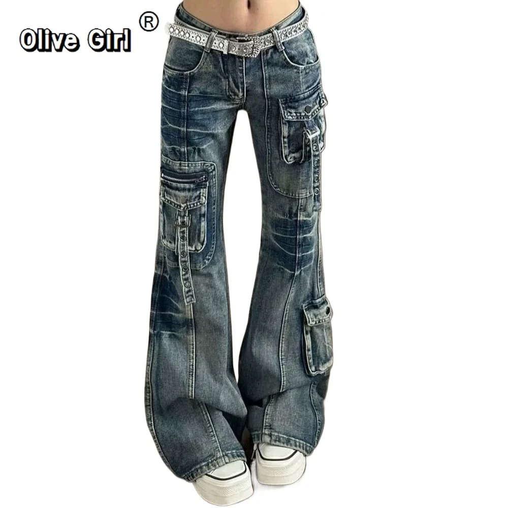 Olivegirl Denim Jeans for Women Trousers 2026 American Washed Multi Pocket Micro Flared Summer Design High Street Floor Pants