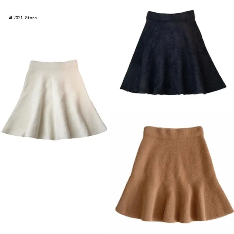 Women Fall Winter Elastic High Waist Imitated Mink Hair Mini Skirt Solid Color Furry Pleated Flared A-Line Short Skirts