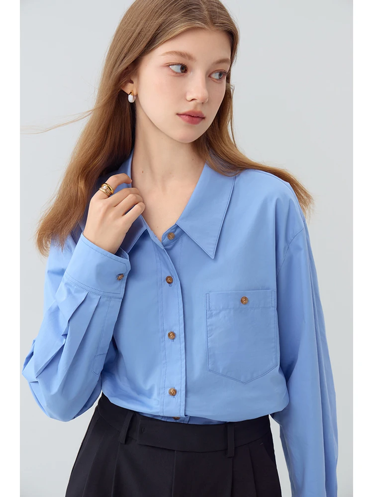 FSLE 100% Cotton Commuter Long Sleeve Solid Blouses Contrast Color Button Design Straight Casual Shirts Drop Sleeve Women Tops