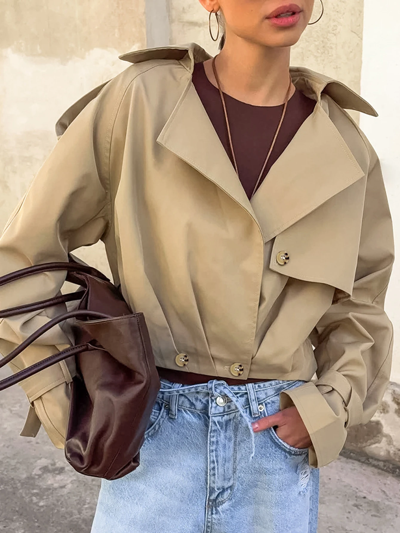 

Женский однотонный плащ с v-образным вырезом и длинным рукавом, модная ветровка с заниженной талией для осенне-зимних женщин