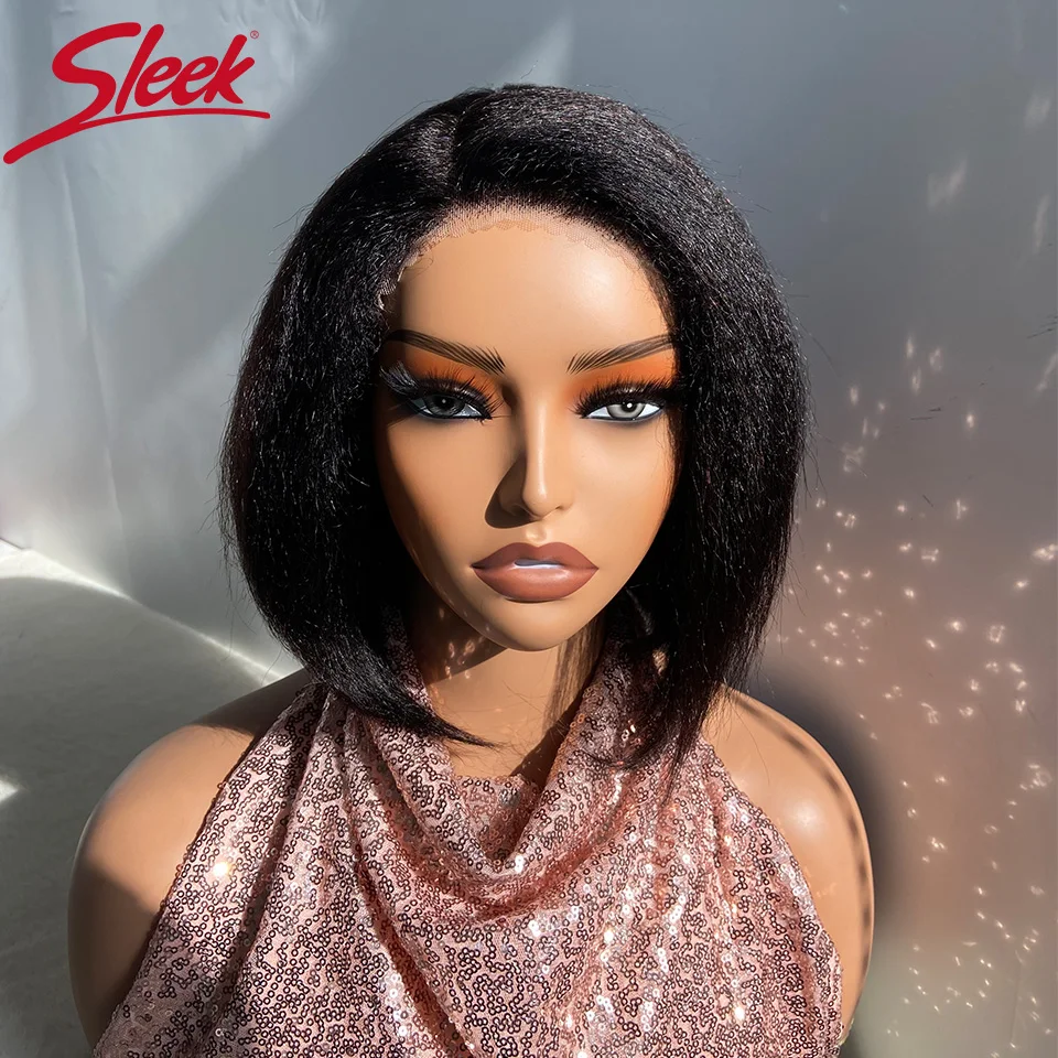 

Sleek Short Human Hair Wigs For Women Yaki Straight Lace Wigs 100% Natural Black Real Brazilian Hair Wigs Left Side Lace Wigs