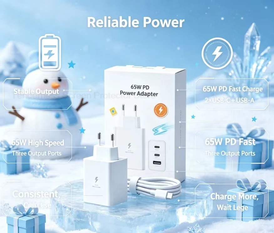 65W Multi‑Port GaN PD Power Adapter Trio 2USB‑C+USB‑A Safety Fast Charger EU Plug for Cell Phone Macbook Tablet Travel Charging