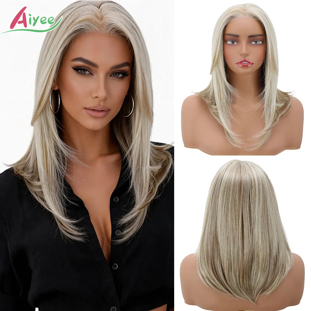 16 Inch Shoulder Length Layered Straight 13x3 Lace Front Wig Rooted Ash Blonde Highlight Heat Resistant Synthetic Hair for Women
