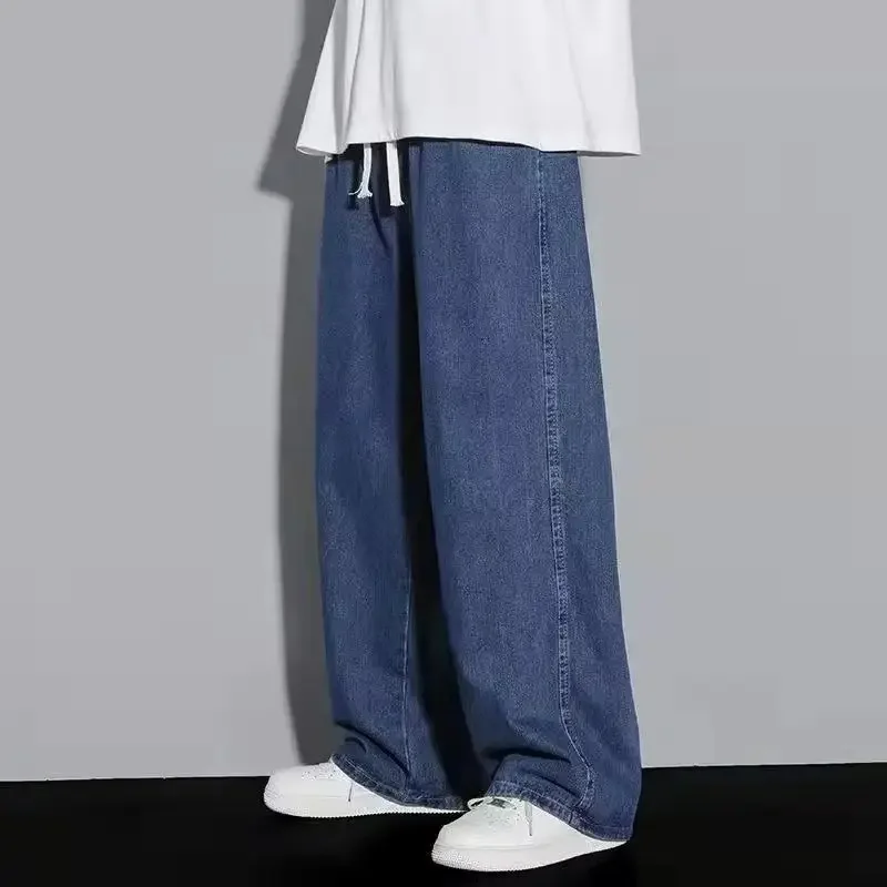الخريف الرجال الجينز مستقيم الدينيم السراويل النطاقات الخصر القطن الشارع الشهير واسعة الساق فضفاضة عارضة طويلة الجينز السراويل #3