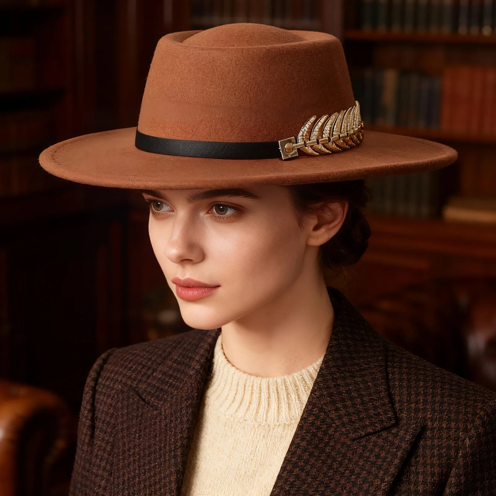 Women Elegant Felt Cloche Flat Brim Hat Metallic Fishbone Band Vintage Dress Hat Church Wedding Tea Party