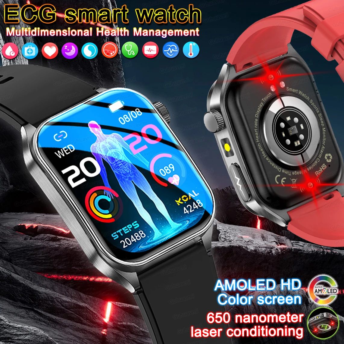

Sapphire 2025New Health managed Smart Watch Health measure Blood oxygen Pressure Uric Acid Call ECG+PPG 650nm Laser Smartwatch