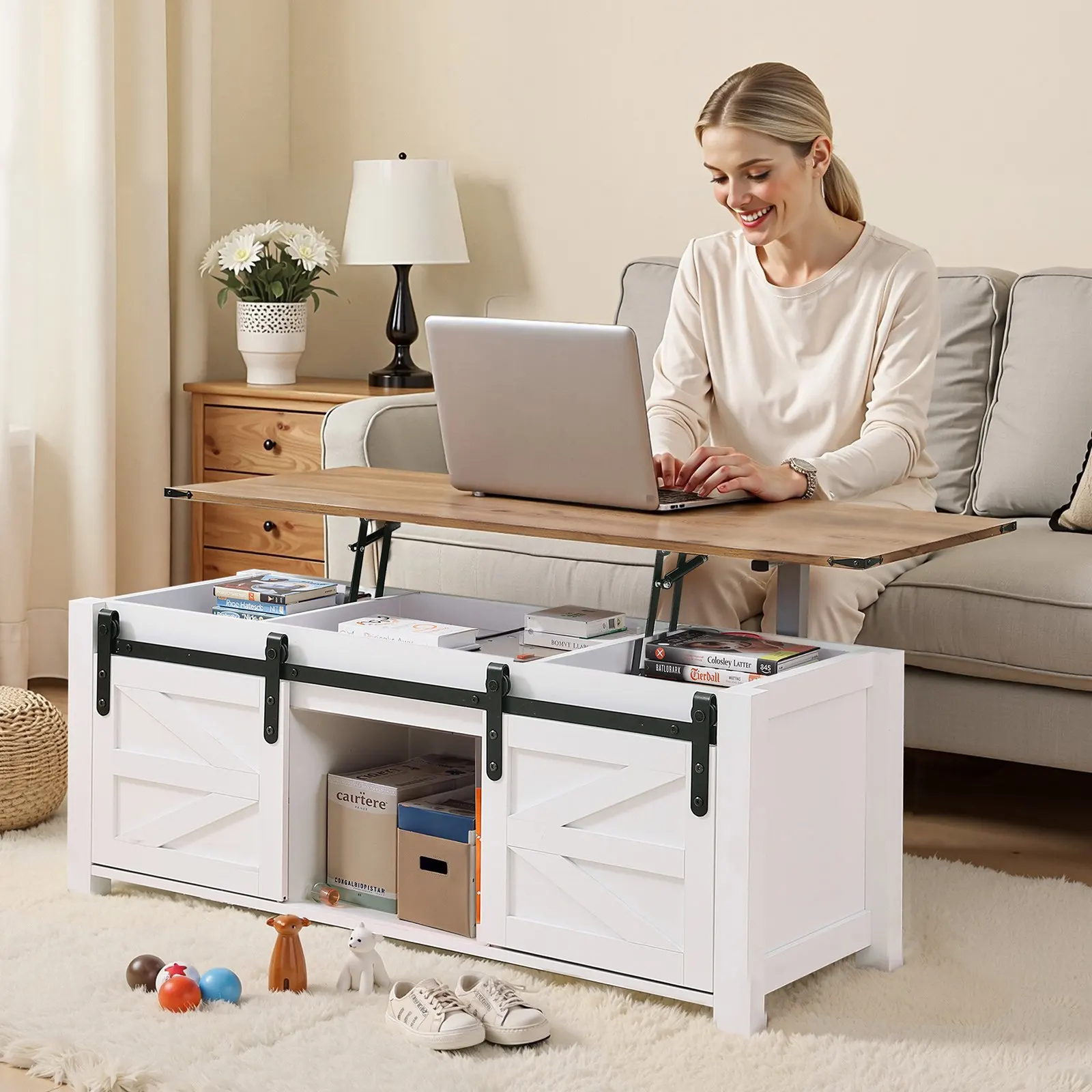 

Журнальный столик в стиле фермерского дома с подъемной столешницей, 47,2 дюйма, деревенский стиль, с дверцей в стиле амбарных ворот и скрытым отсеком для хранения, современный прямоугольный дизайн