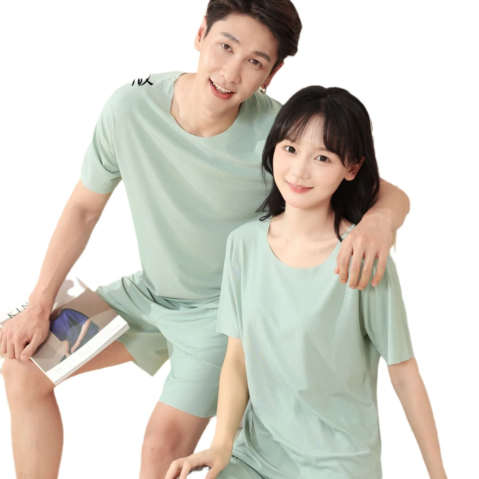 

Couples Ice Silk Spwear Set Summer Thin ort Sve Long Pants Home Clothes Thin Home Leisure Pure Color round Ne Youth
