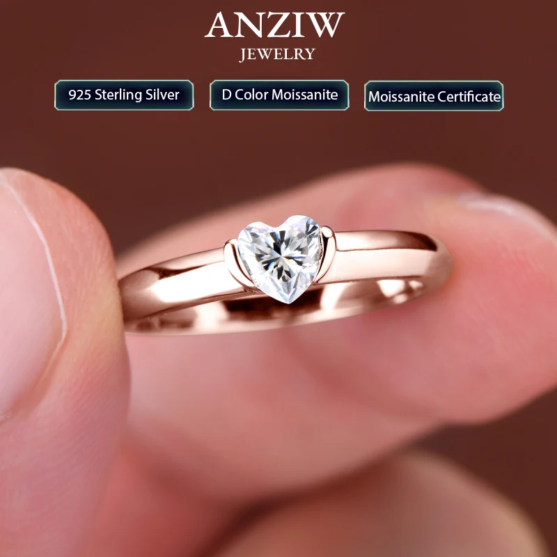 

Anziw Rose Gold Color 0.5ct Heart Shaped Moissanite Solitaire Engagement Ring Silver 925 for Women Promise Wedding Bands Jewelry