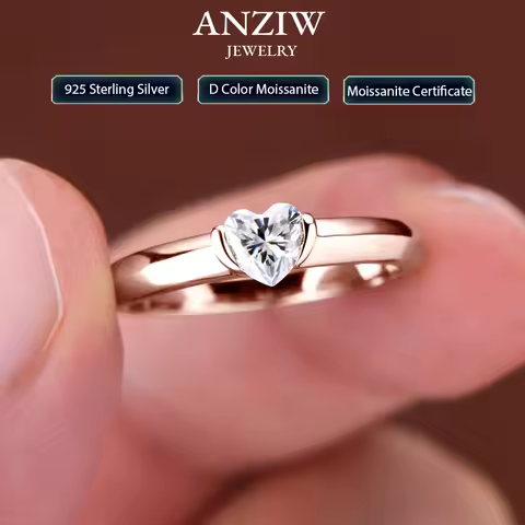 Anziw Rose Gold Color 0.5ct Heart Shaped Moissanite Solitaire Engagement Ring Silver 925 for Women Promise Wedding Bands Jewelry