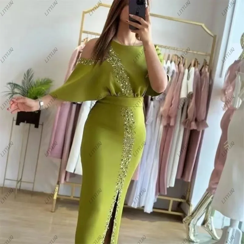 LIYYLHQ Chic Vestidos De Graduación Prom Dresses For Women O Neck Beaded Sequined Side Slit Cocktail Party Evening Formal Gowns