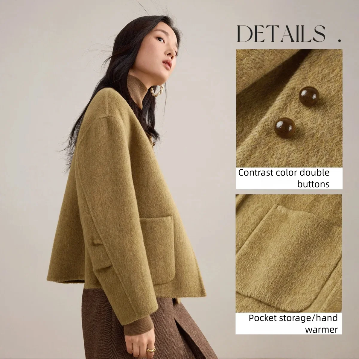 เสื้อโค้ทขนสัตว์ผู้หญิง SENTUBILA รุ่นปี 2025 สำหรับฤดูหนาว สีตัดกัน ผ้าขนสัตว์สองด้าน กระดุมเดี่ยว แฟชั่น เสื้อคลุมกันหนาว W54OG1883