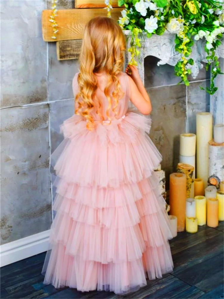 Vestido de tul hinchado para niña, vestido de boda rosa en capas sin mangas para desfile, vestido elegante de primera comunión, vestido de fiesta para niños