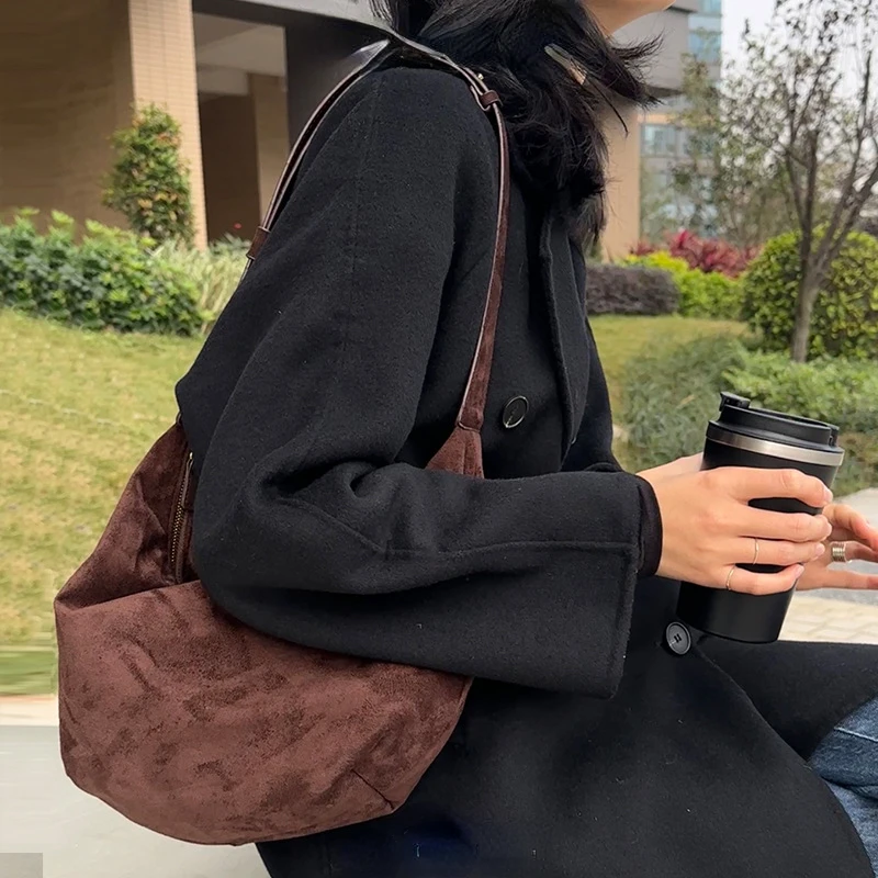 Women New Fashion Concise Texture Suede Velvet Soft Handbag Vintage Large Capacity Tote Hobos Bag ShoulderBag Daily Office