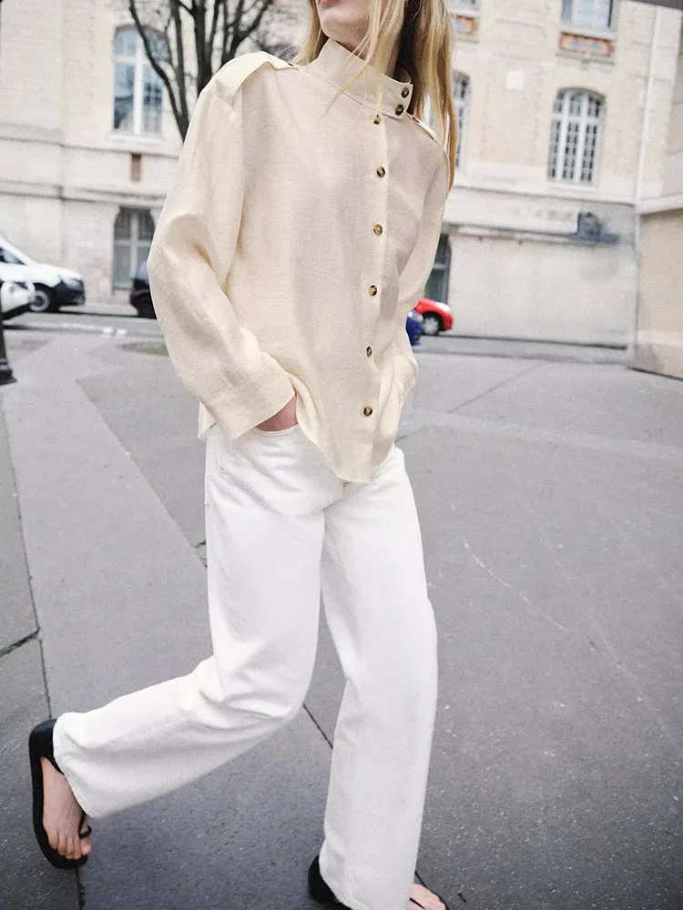 Spring New Arrival Women's Shirt Simple Long Sleeve Casual Drapey Stand Collar Blouse Ethnic Stage Costume for Young Women view 2