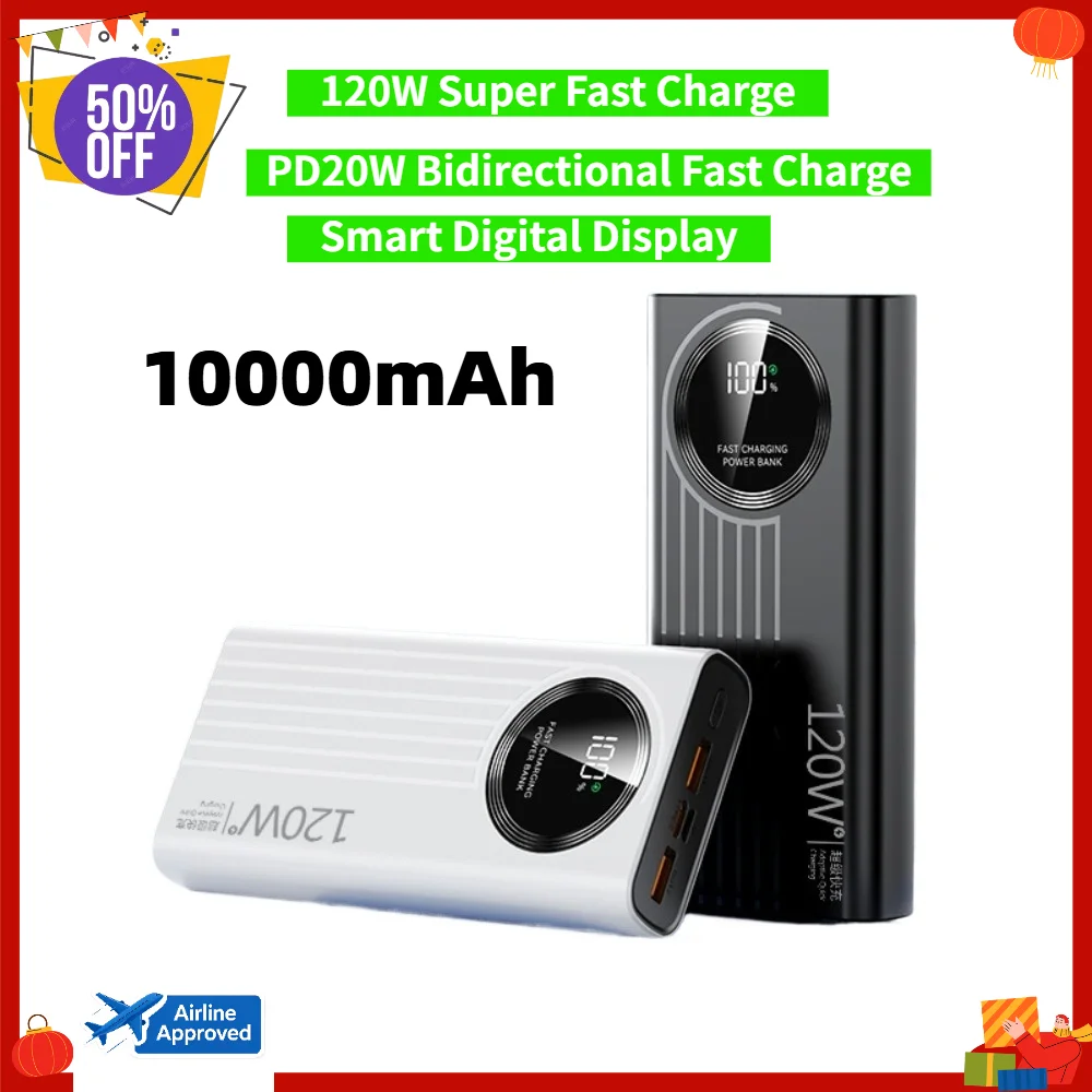 10000mAh 120W Super Fast Charge PD20W Bidirectional Polymer Lithium-ion Ultra-thin Power Bank For iPhone Samsung Android Devices