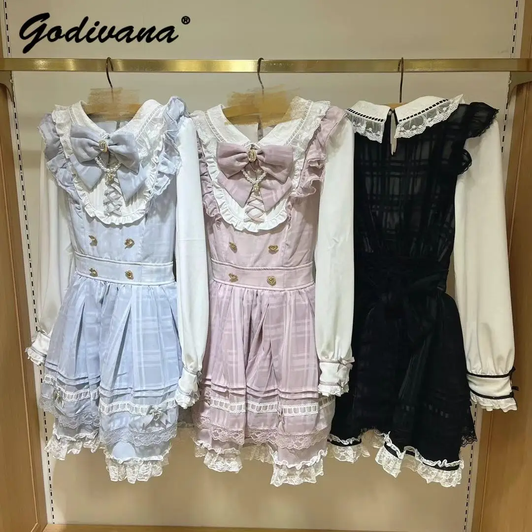 Japanese Liz Autumn and Winter Doll Collar Big Bow Cute Dress Women's Long Sleeve Slim Short A-line Dresses