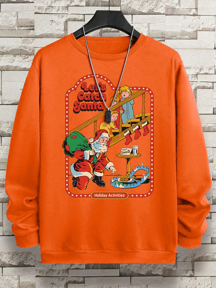 Let’S Catch Santa Holiday Activities Sweatshirts Men Creativity Warm Pullovers Vintage Fleece Hoodie Cartoons Fleece Clothes