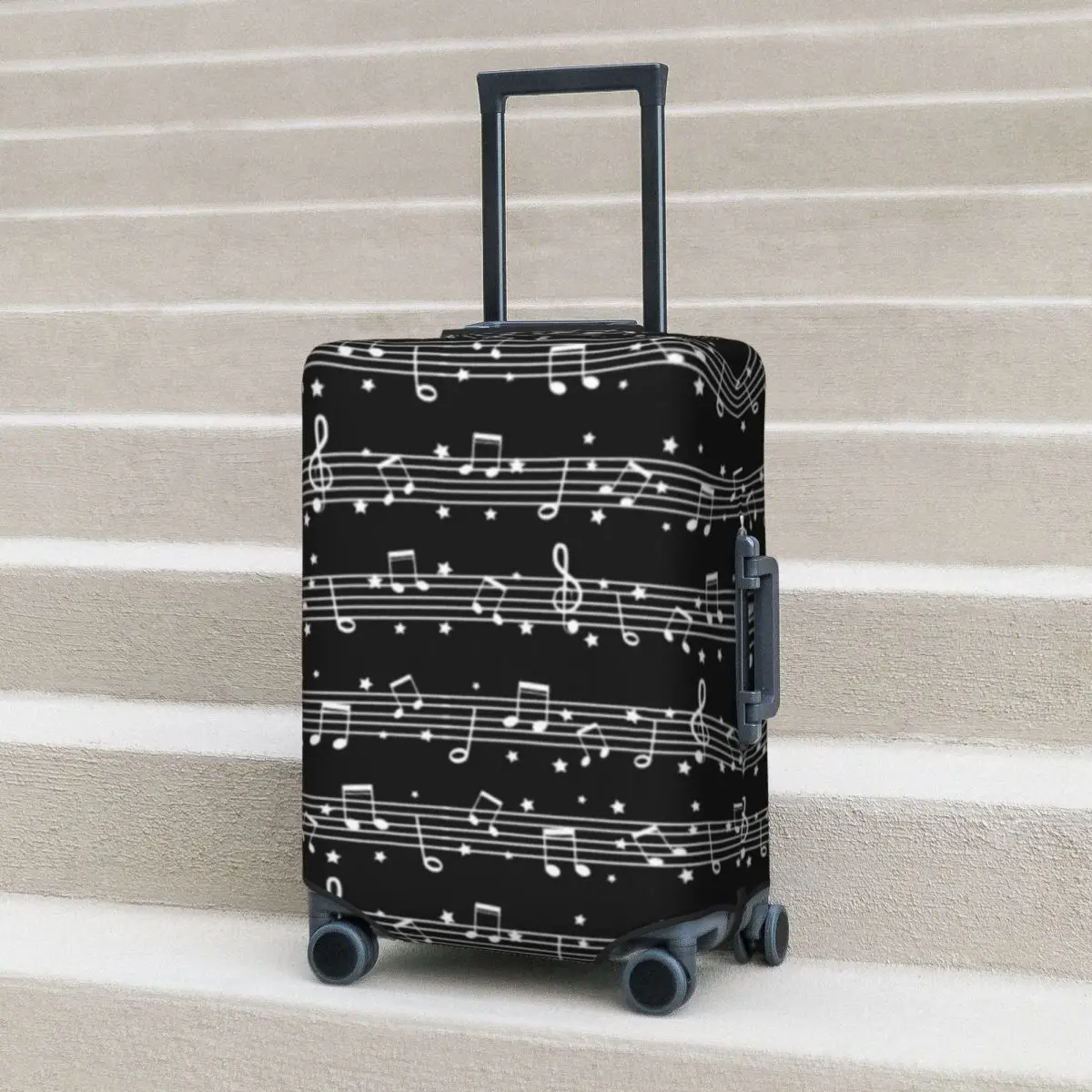 Music Notes White Suitcase Cover Monochrome Useful Travel Protection Luggage Supplies Holiday