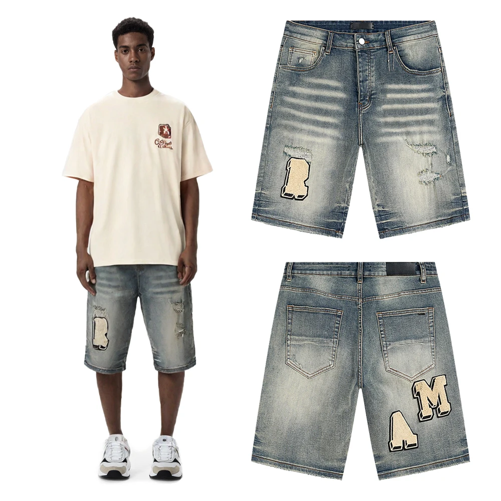 

Y2K Streetwear Clothing Loose Shorts Jeans with Letter Embroidery Hiphop Street Style Ripped Vintage Baggy Short Pants for Men's