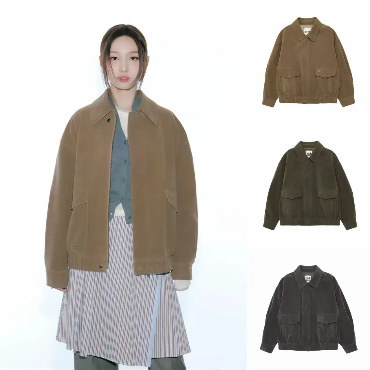 

Korean Sle Casual Lapel Retro Suede Jaet Workwear Outerwear Loose Fit Long Sve Zipper Closure Women's Spring 2026