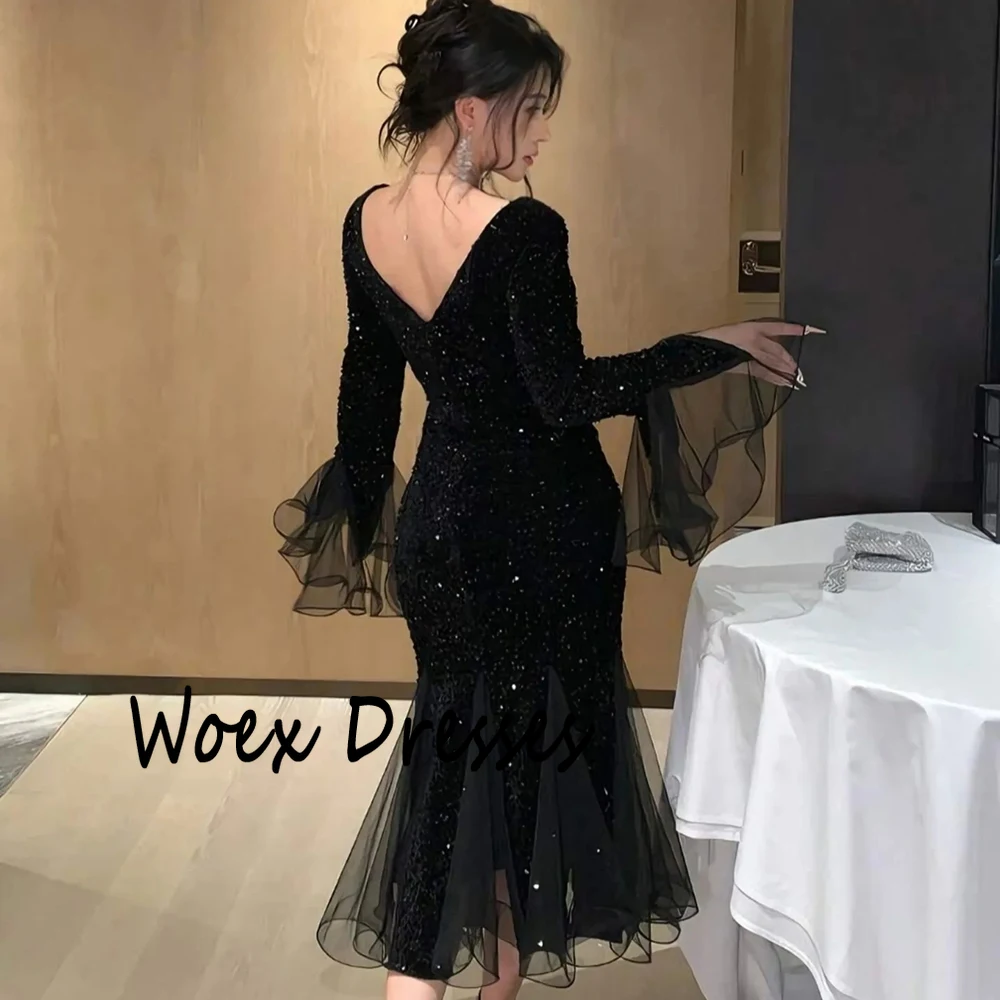 Customized Black O-neck Jersey Evening Dress Sparkly Sequined Full Sleeves Ruched Party Prom Tea-Length Prom Dress For Women