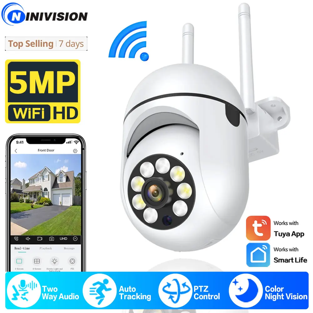 Tuya-Caméra de surveillance extérieure WiFi HD 5MP, suivi automatique, document complet, vision nocturne, sécurité, vidéosurveillance de mouvement, mini caméra ip