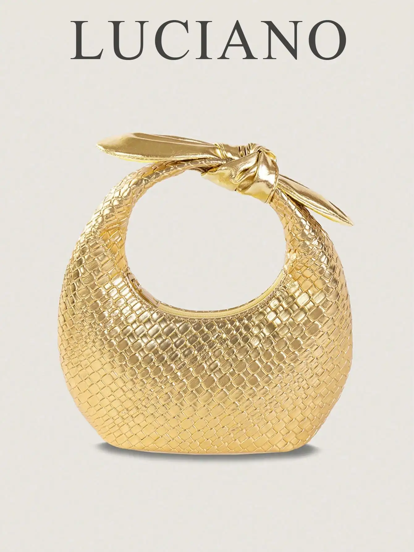 

Золотистая женская сумка-полумесяц с ручкой и змеиным принтом