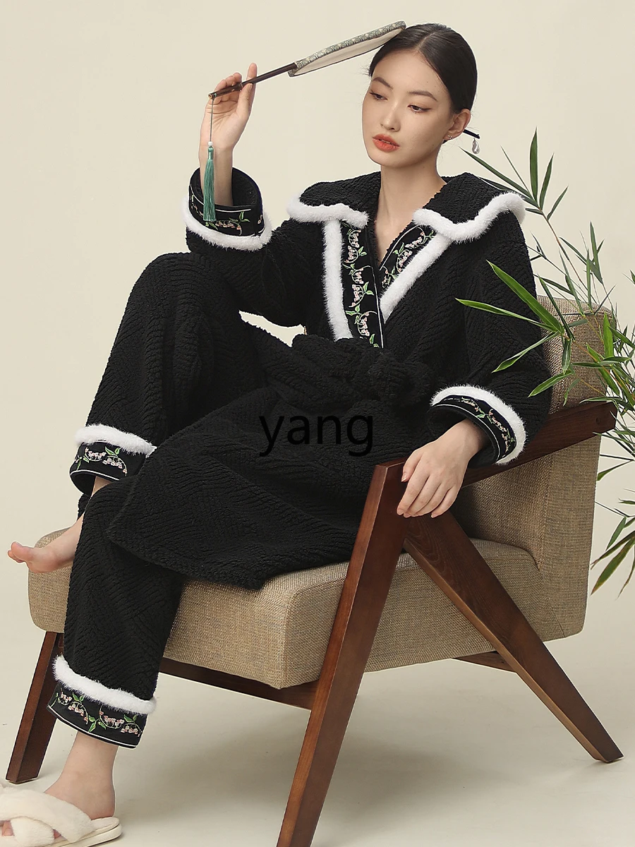 LMM national style pajamas women's autumn and winter fleece thickened new Chinese style can be worn outside loungewear set