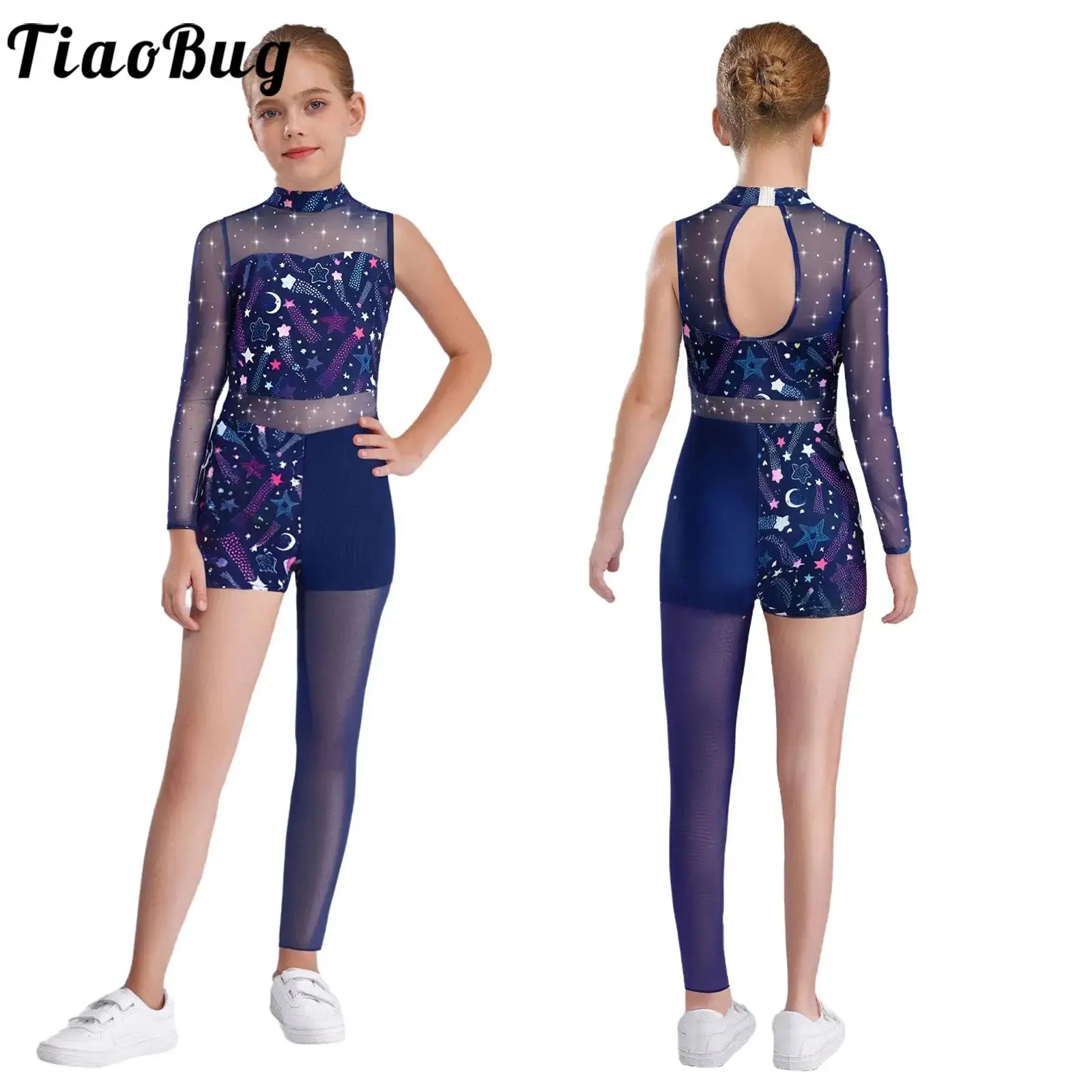 

Kid Girls Stylish Printed Gymnastics Leotard Sheer Mesh Patchwork Asymmetrical Bodysuit Figure Skating Dance Performance Costume