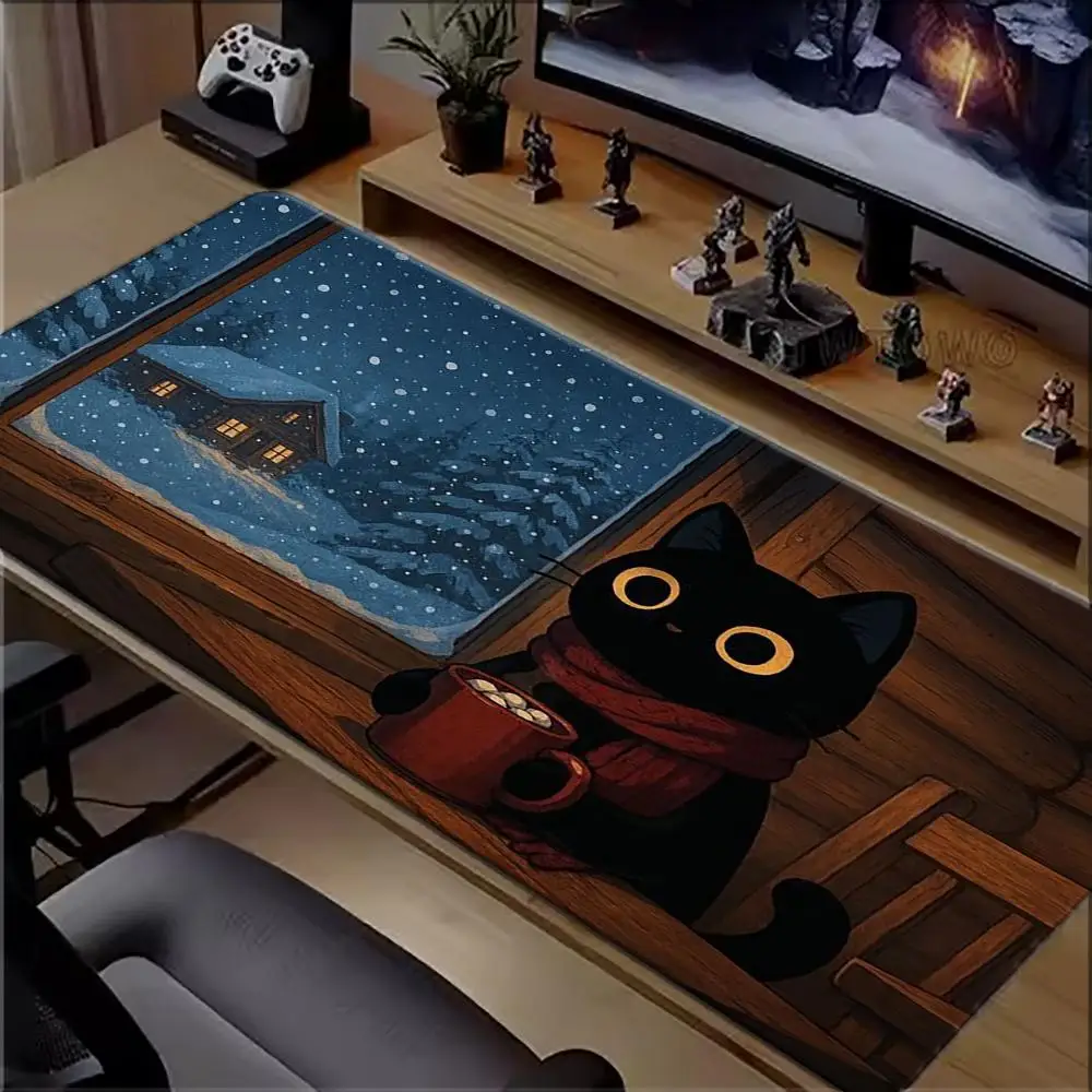 Winter Snow Cabin Black Cat With Scarf Large Desk Mat Mouse Pad Mousepad Non‑Slip Rubber Base Table Pad For Gaming Working Home