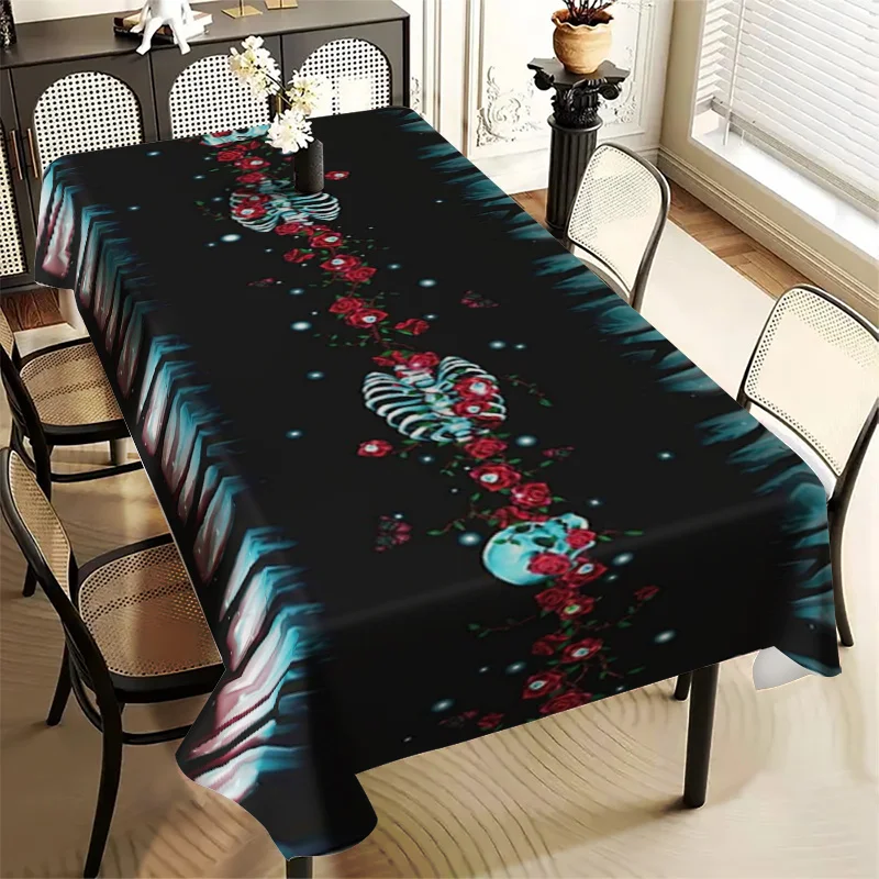 1pc Gothic Tablecloth with Rose Skull & Skeleton Design - Black and Red Suitable for Halloween, Weddings, Birthdays, Parties - E