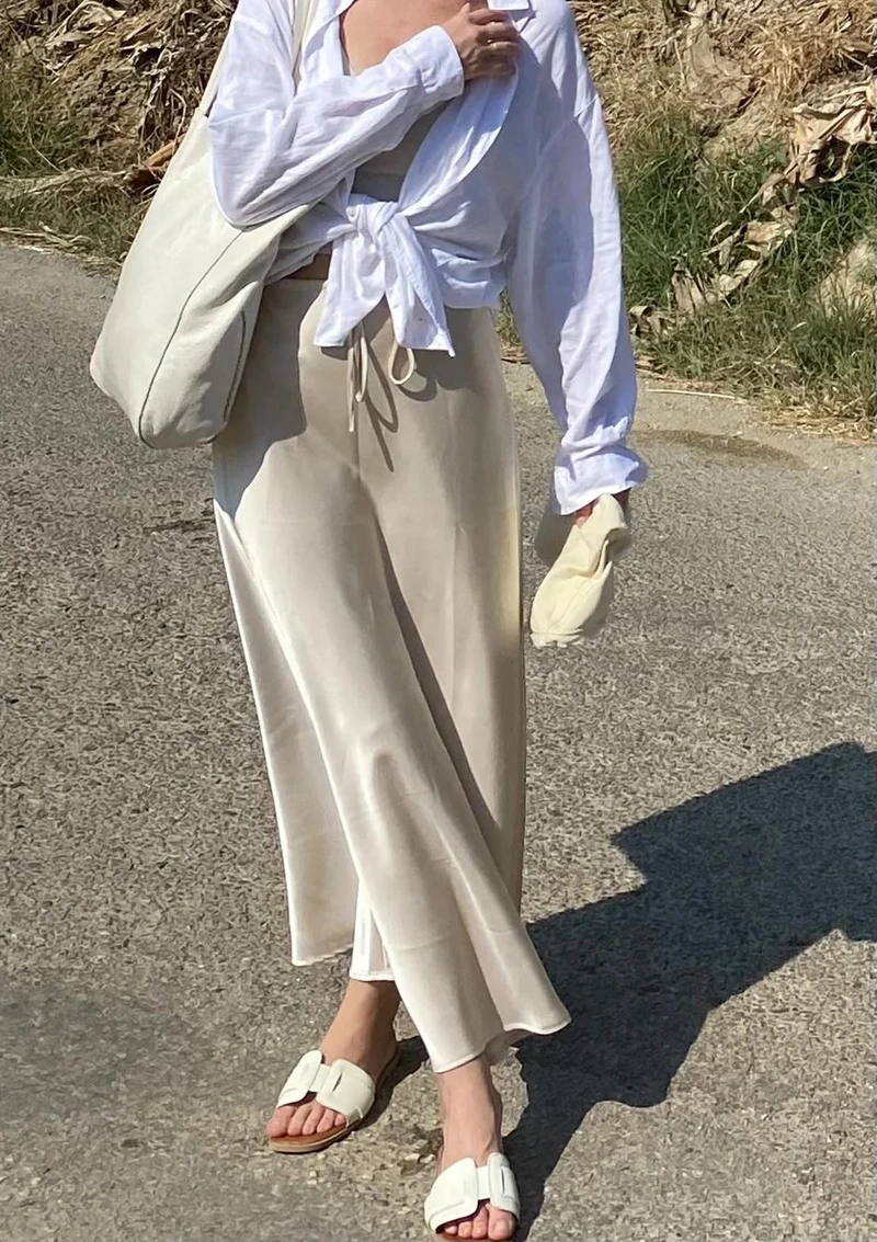 New In 2026 Women's Spring Summer Solid Color Satin Long Skirt High Waist Lace-up Trendy Elegant Faldas Female Beach Maxi Skirts