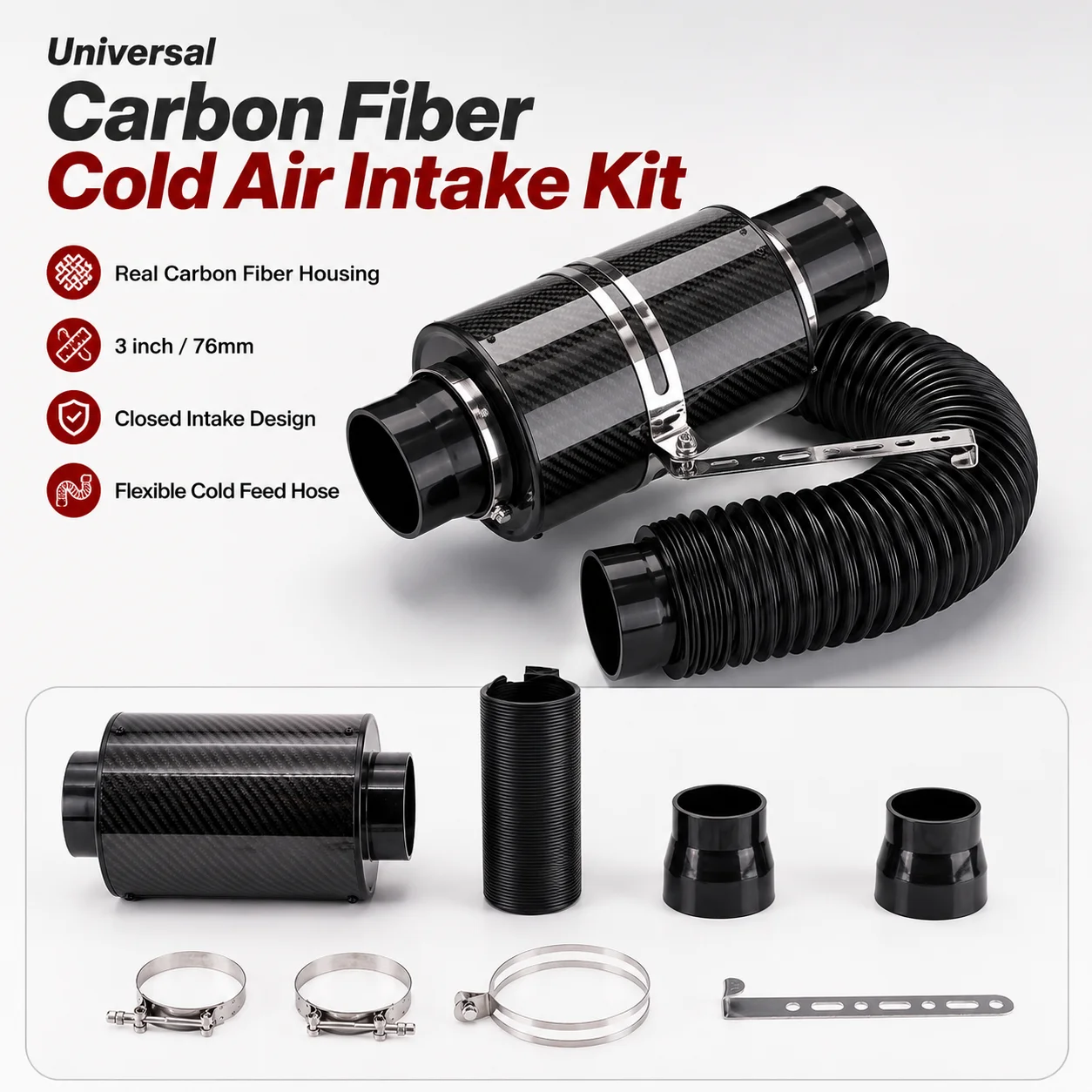 Universal Cold Air Intake Kit 3 Inch 76mm High Flow Carbon Fiber Air Filter Enclosed Induction Hose for Performance Cars