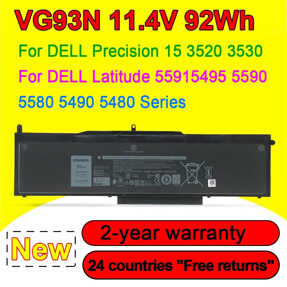 VG93N Laptop Battery For DELL Precision 15 3520 3530 M3520 M3530 Latitude 5480 5490 5580 5491 5591 5495 Series 11.4V 92Wh