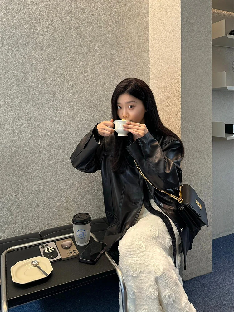 2025 신상 퓨어 블랙 수트 가죽 자켓 여성용 가을 겨울 루즈핏 개성있는 하이엔드 심플 가죽 자켓 한국 스타일