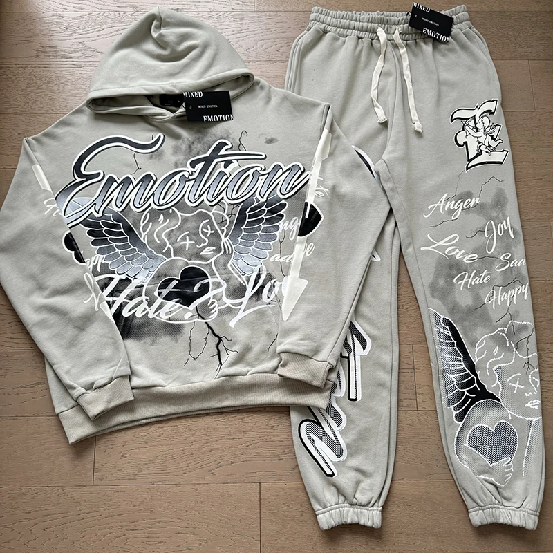 

Daily Classic Grey Sweatshirt Set Trend MIXED EMOTION Hoodie American Hip-hop Retro Style Couple Casual Mixed Emotion Pullover