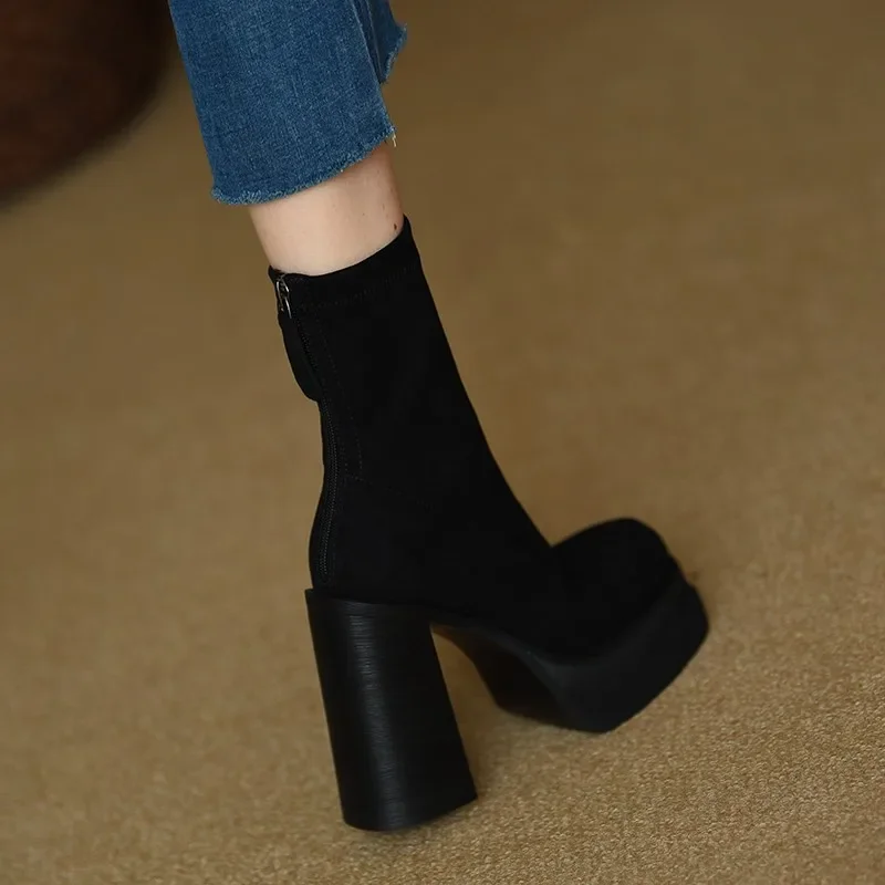 Shoes for Women 2023 Fashion Winter Women Boots Mid-Calf Solid Color Flock High Heels Water Proof Zipper Chunky Heel Shoes Women