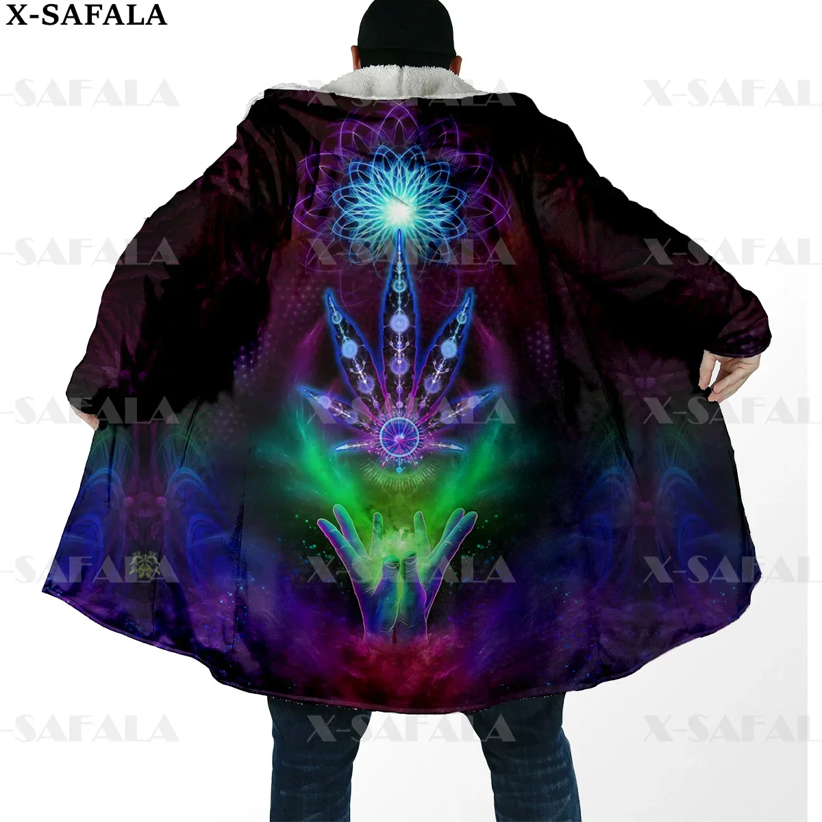 Hippie Psychedelic Colorful Trippy Print Thick Warm Hooded Cloak Men Overcoat Coat Windproof Fleece Cape Robe Hooded Blanket-11