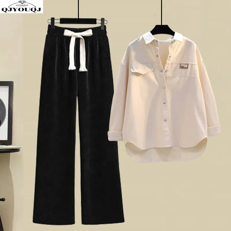 

Spring/Summer 2024 New Thickened Korean Edition Loose Long Sleeved Shirt Elastic Wide Leg Casual Pants Set of Two