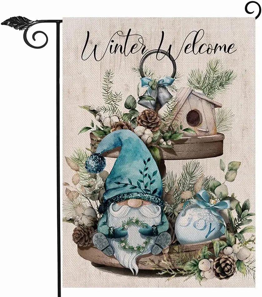 Hzppyz Winter Welcome Gnome Garden Flag Joy Double Sided, Decorative House Yard Pine Tree Branch Pinecone Birdhouse Tiered Tray