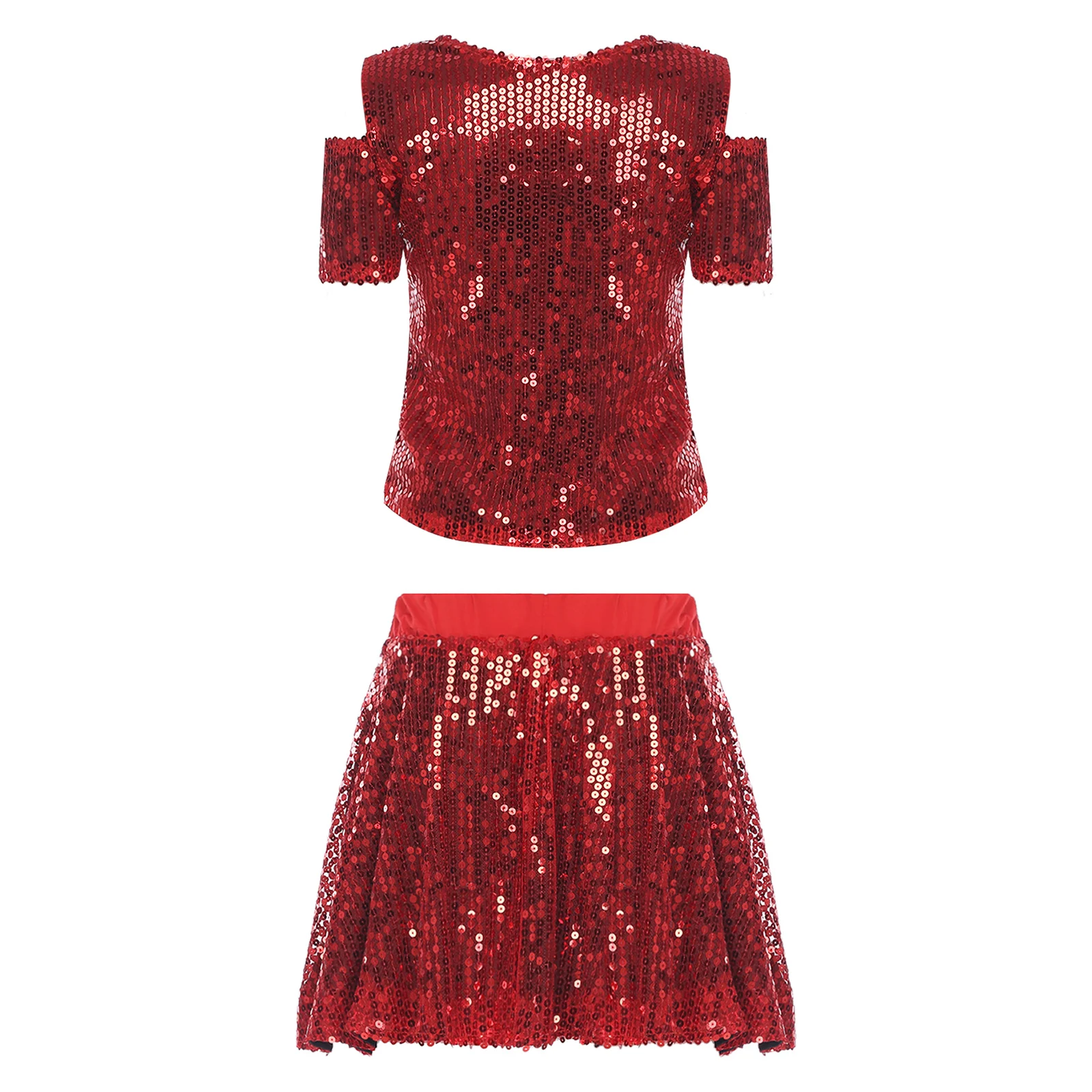 여성용 스팽글 댄스 유니폼 세트 재즈 치어리딩 반팔 콜드 숄더 레터 아플리케 티셔츠와 A라인 스커트 의상