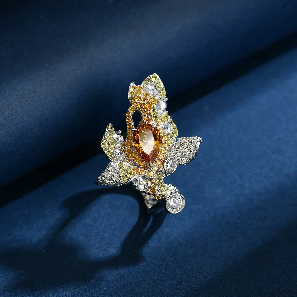 

202 new S925 silver 1. ct water droplet 6 * 9 light luxury niche yellow sapphire ring marry jewelry