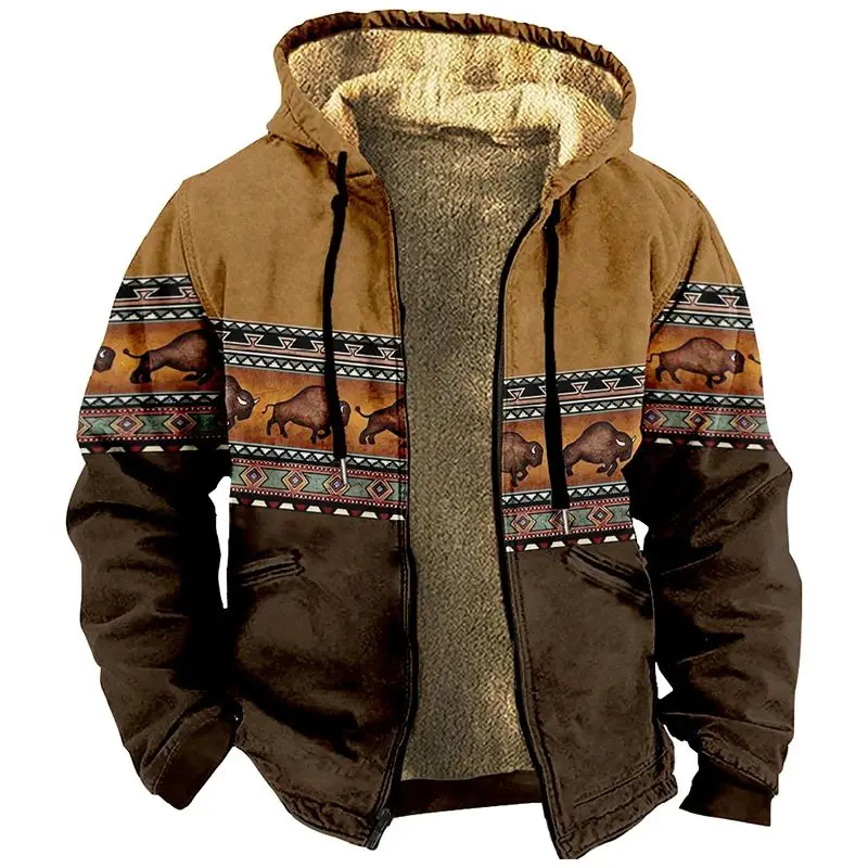 

Vintage Winter Motorcycle Jaet for Men Bison Print Design Long Special Wide Fit Cotton Jaet Youth Trend Stand Collar