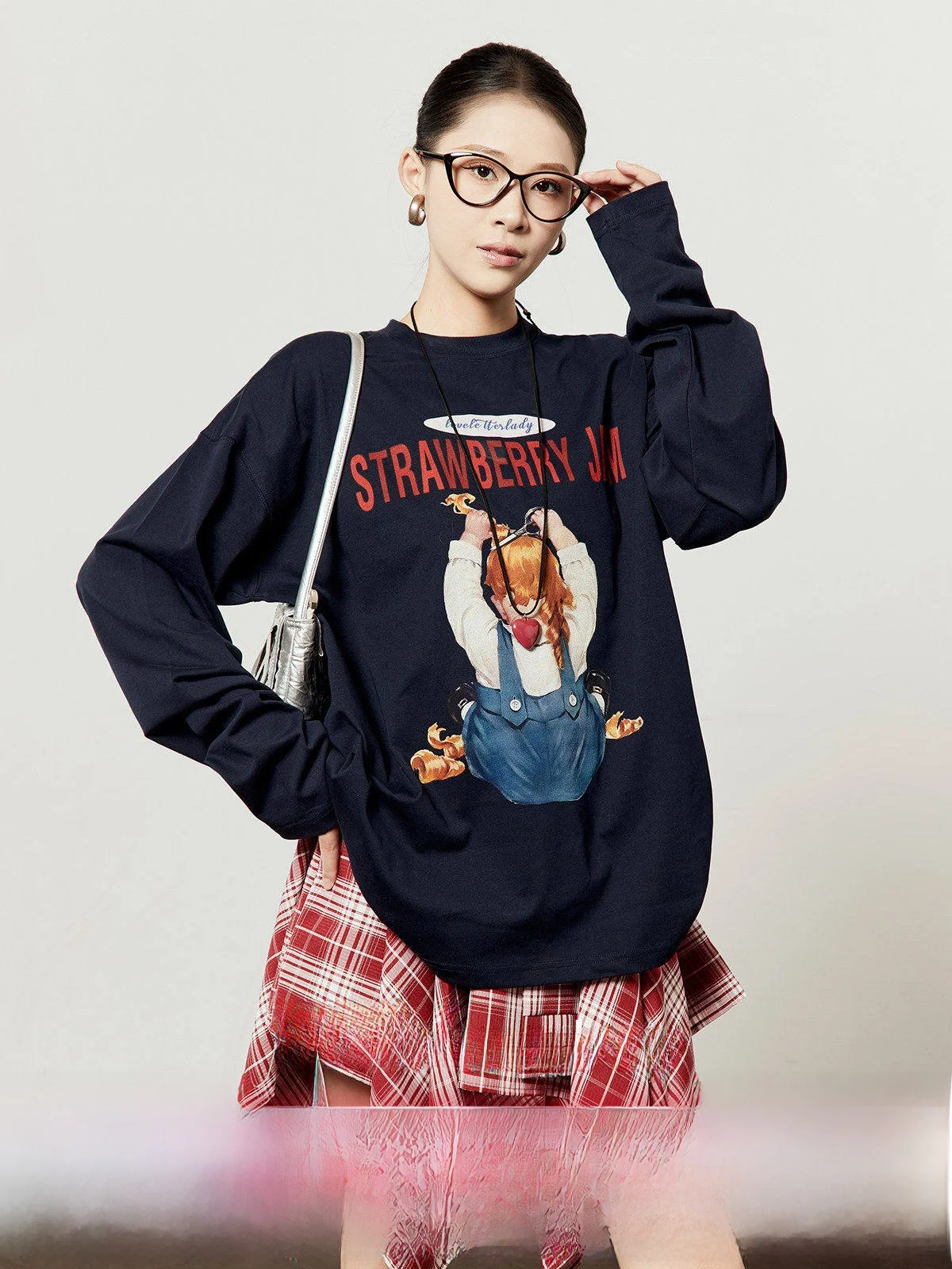 

Naval Blue T-irt Women's Loose Long Sve round Ne Printed Casual Sle Cotton 00% Comfortable Breathable Daily Wear