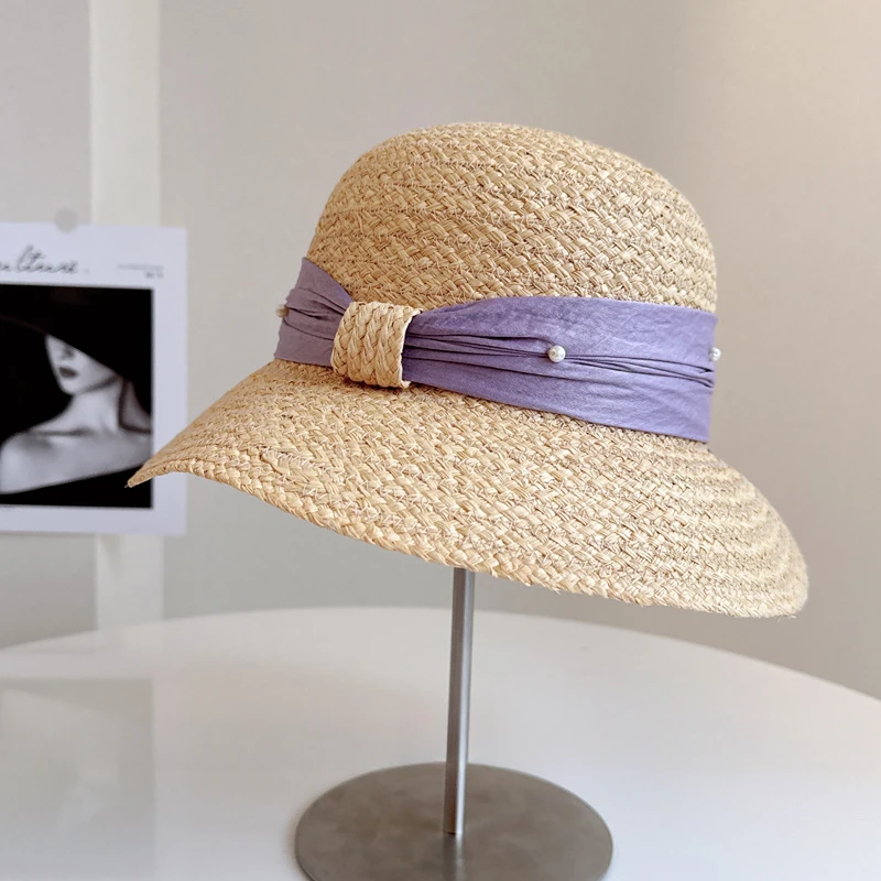 

Японская кондитерская цветная плиссированная лента рыбацкая шляпа женская летняя солнцезащитная шляпа из рафии модная пляжная шляпа на берегу моря