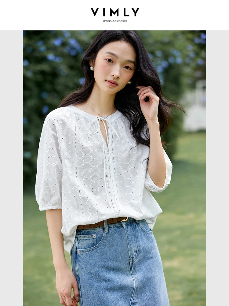 

VIMLY Elegant Womens Blouses Summer Loose Casual 100% Cotton Tied Neck Short Sleeve Shirts & Blouses 2025 Woman Clothing A1032