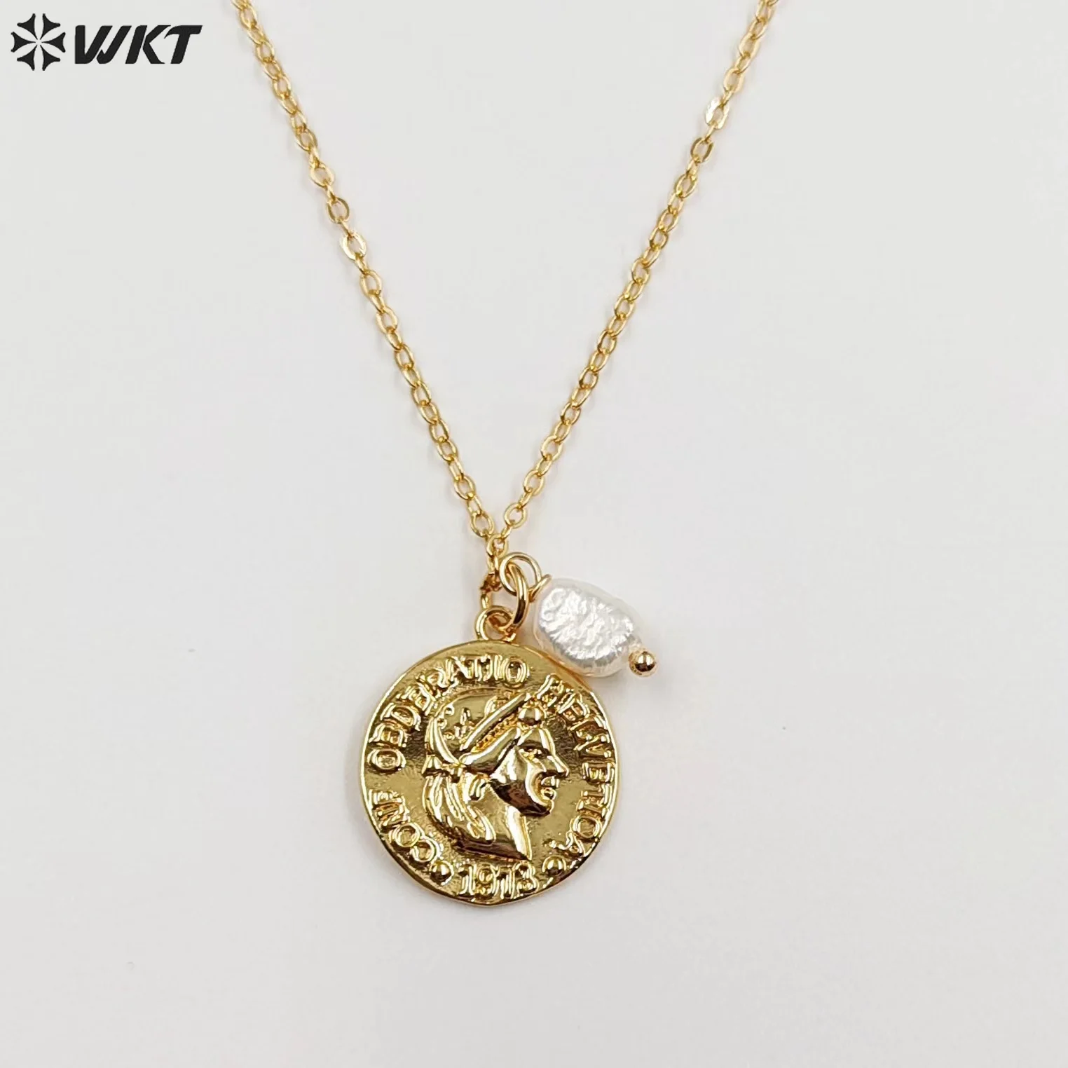 WT-JN249 Newest Fashion Simple Design Round Coin Lovely Rose Flower and Carved Angel Metal Necklace With 18K Real Gold plated